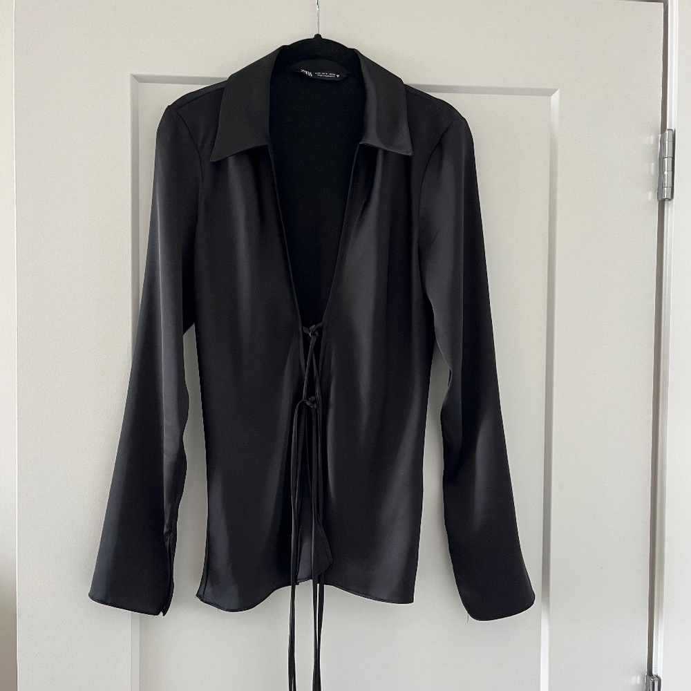 Zara Black Satin Tie Front Blouse